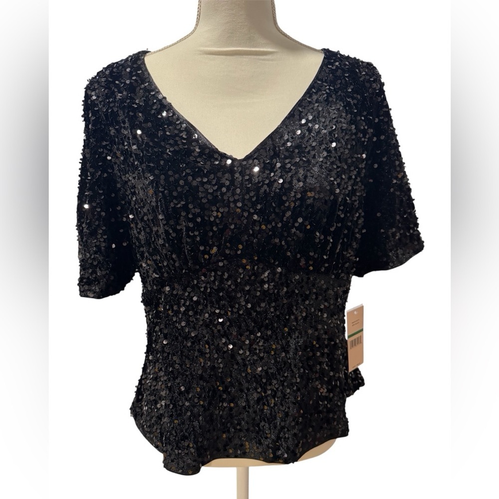 Nanette Lepore Black Sequin V-Neck Top | New with Tags